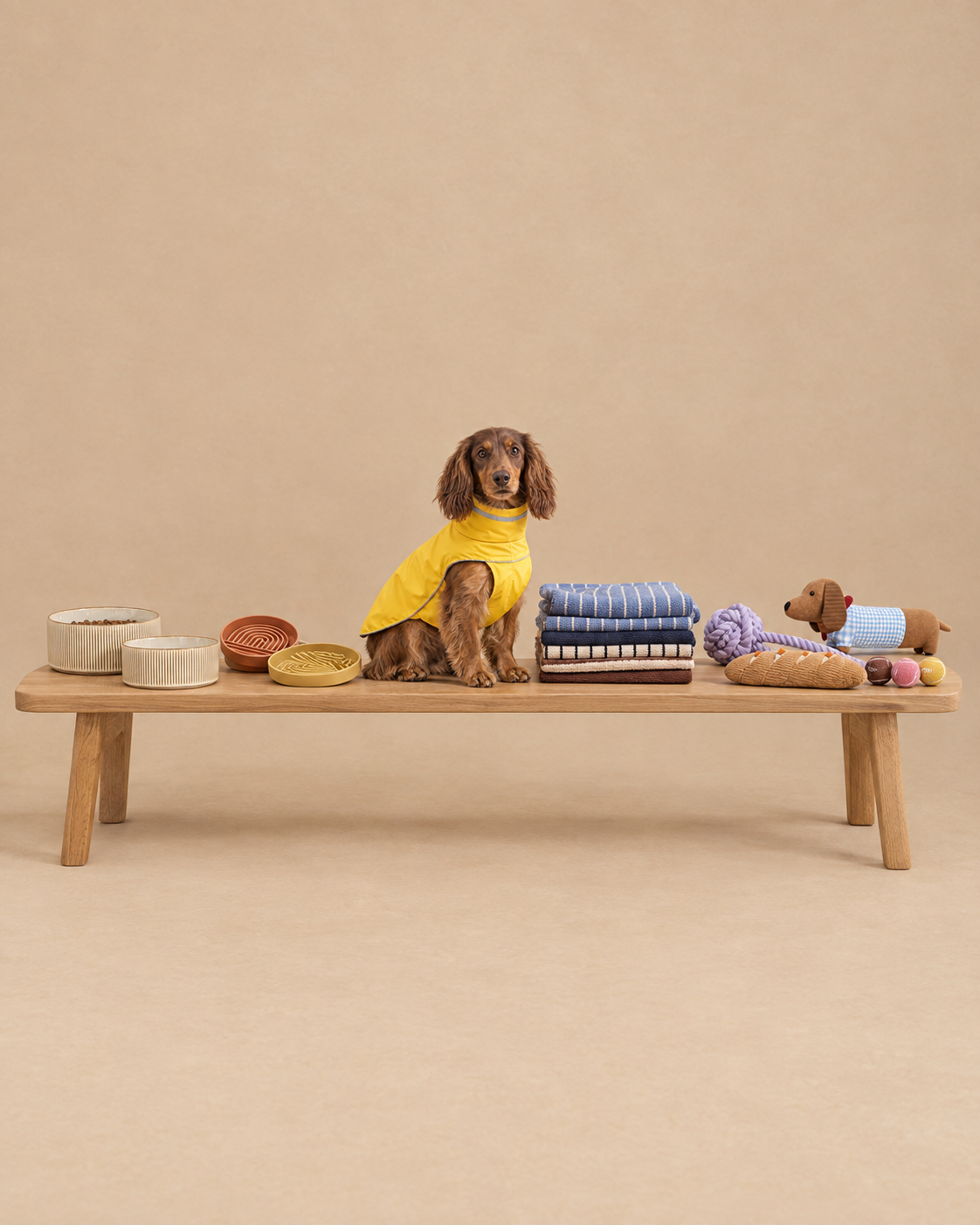 A dachshund in the yellow Loulou raincoat on a wooden bench with Loulou bowls, towels and toys