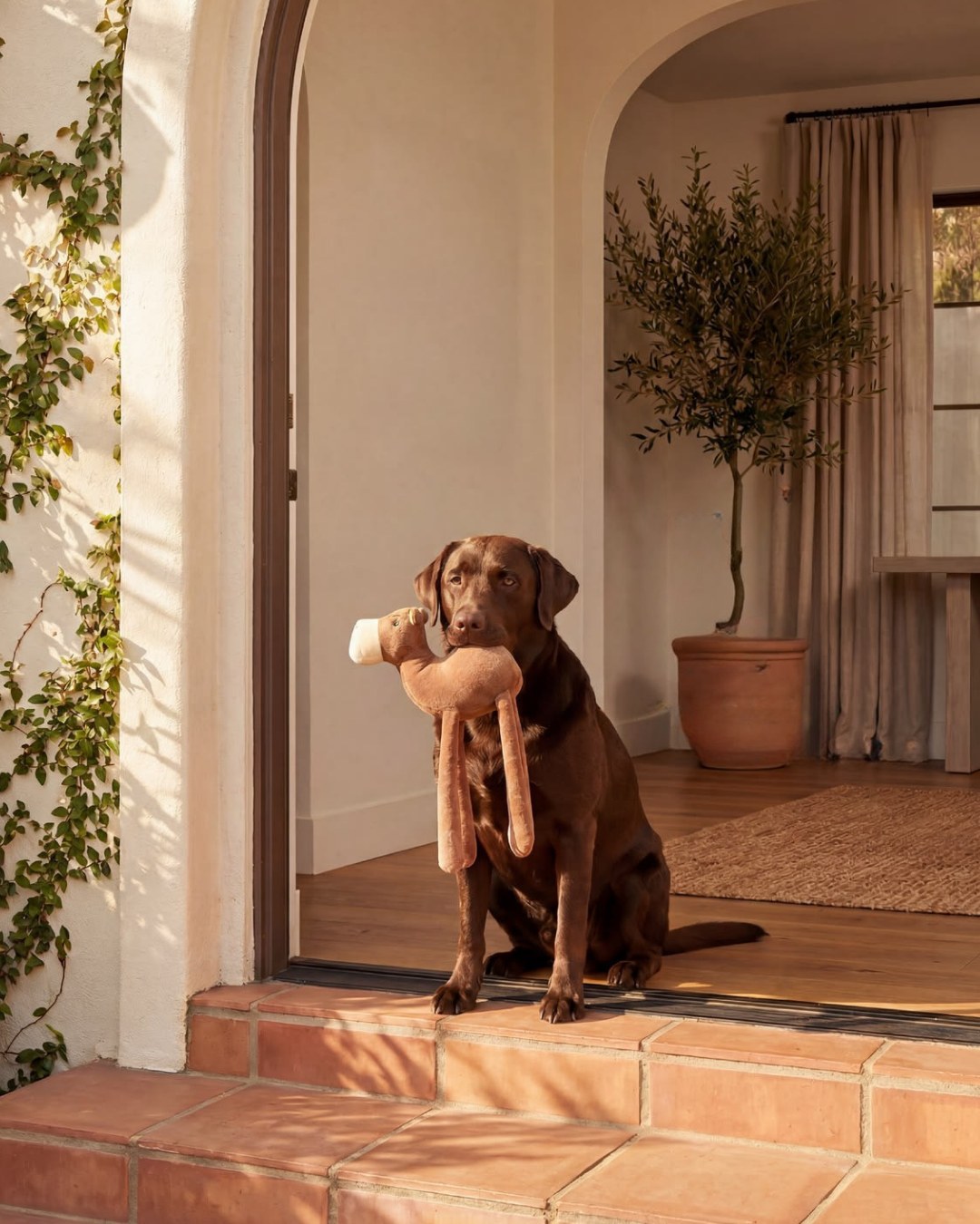 Labrador sitting at the front door with a toy