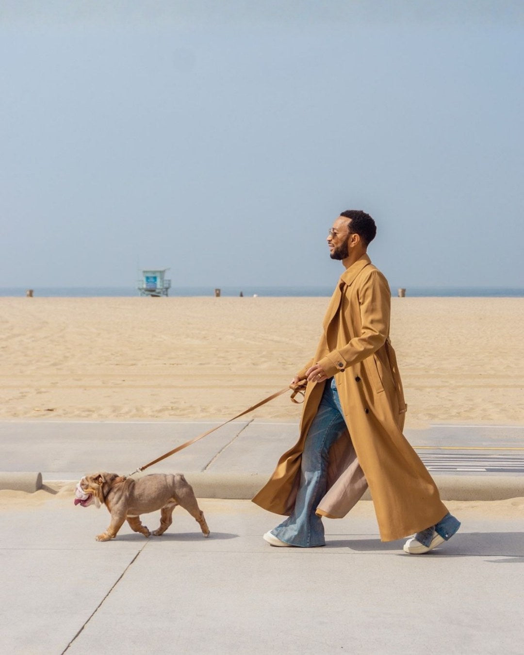 Man walking his bulldog along the seafront