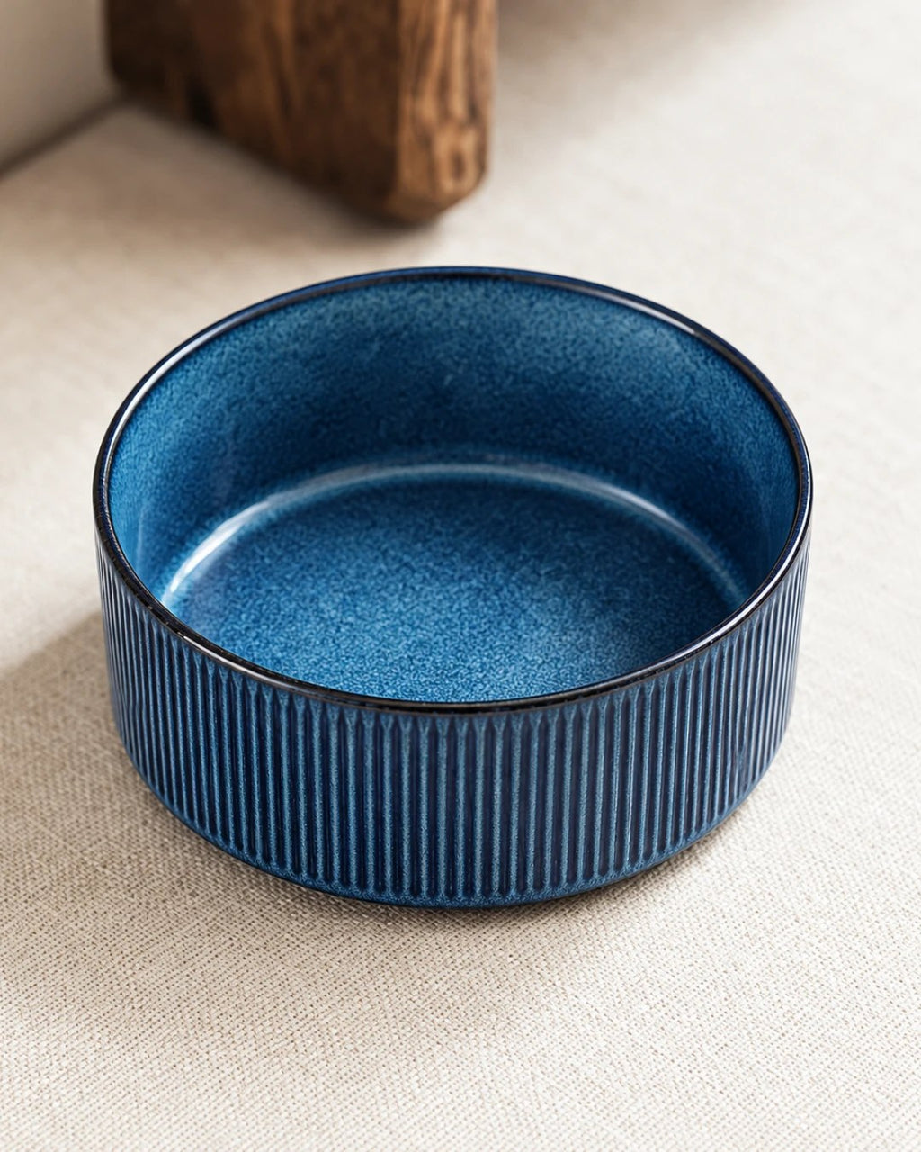 Blue ceramic dog bowl