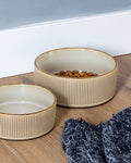 Two sand ceramic dog bowls, one filled with kibble