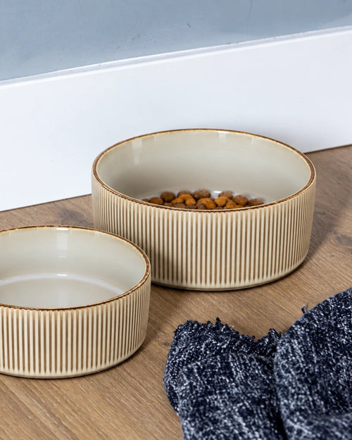 Two sand ceramic dog bowls, one filled with kibble