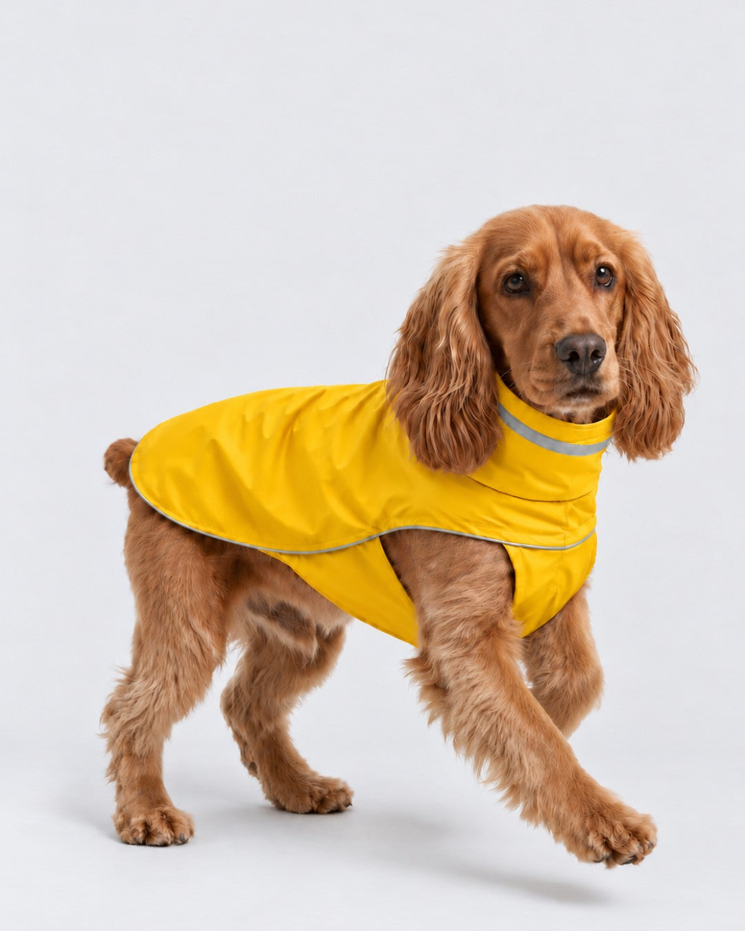Yellow dog raincoat worn by a spaniel