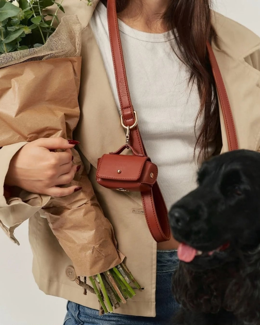 Cognac pouch on the leash, worn across the body
