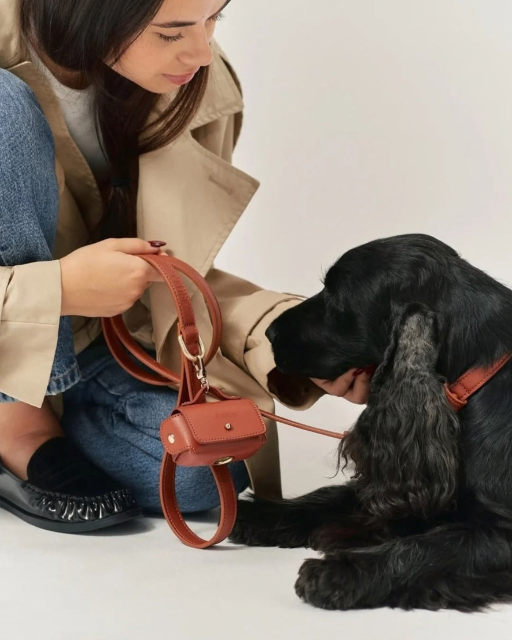 Cognac pouch clipped to the leash of a black spaniel