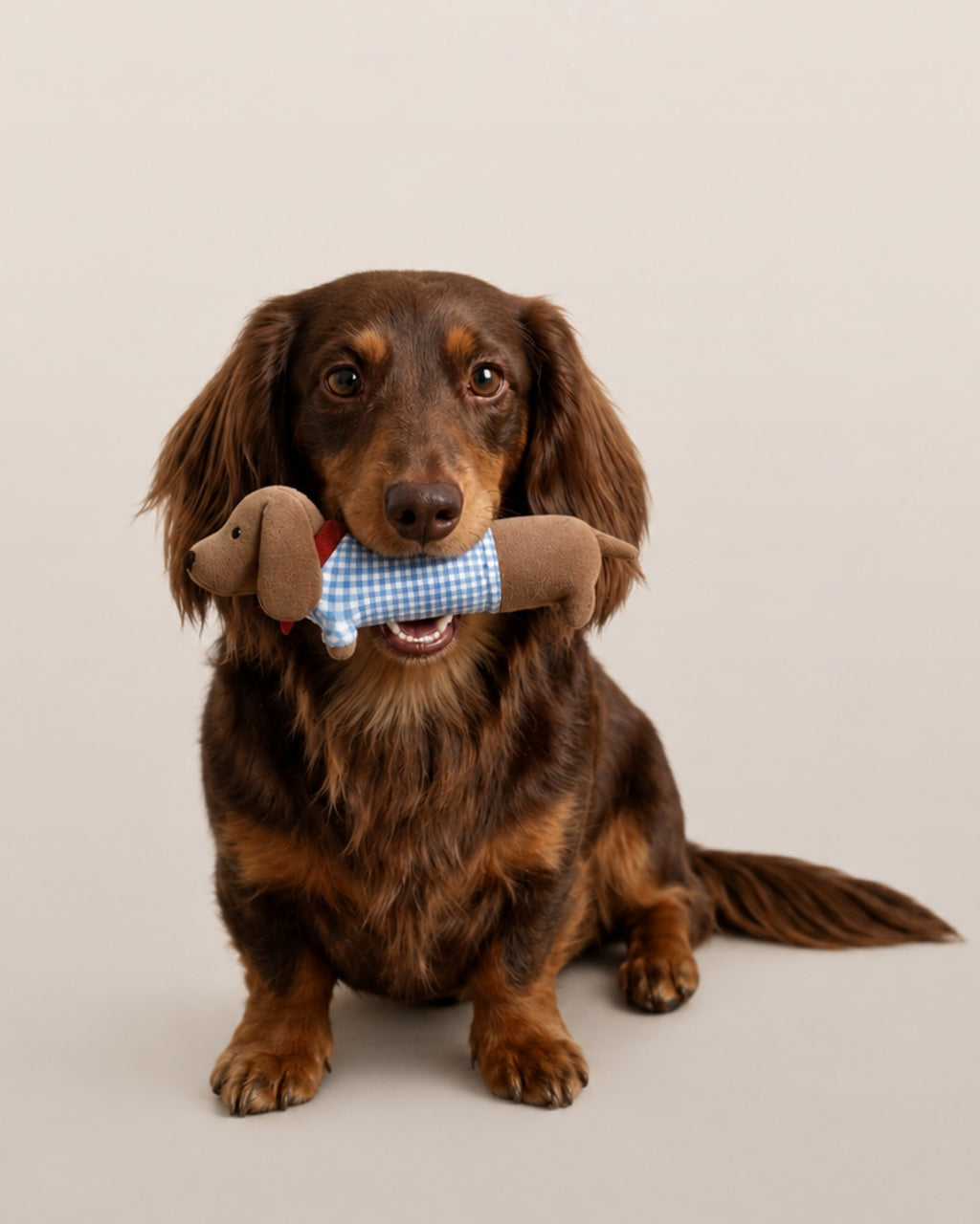 Dachshund holding Marcel the sausage dog toy