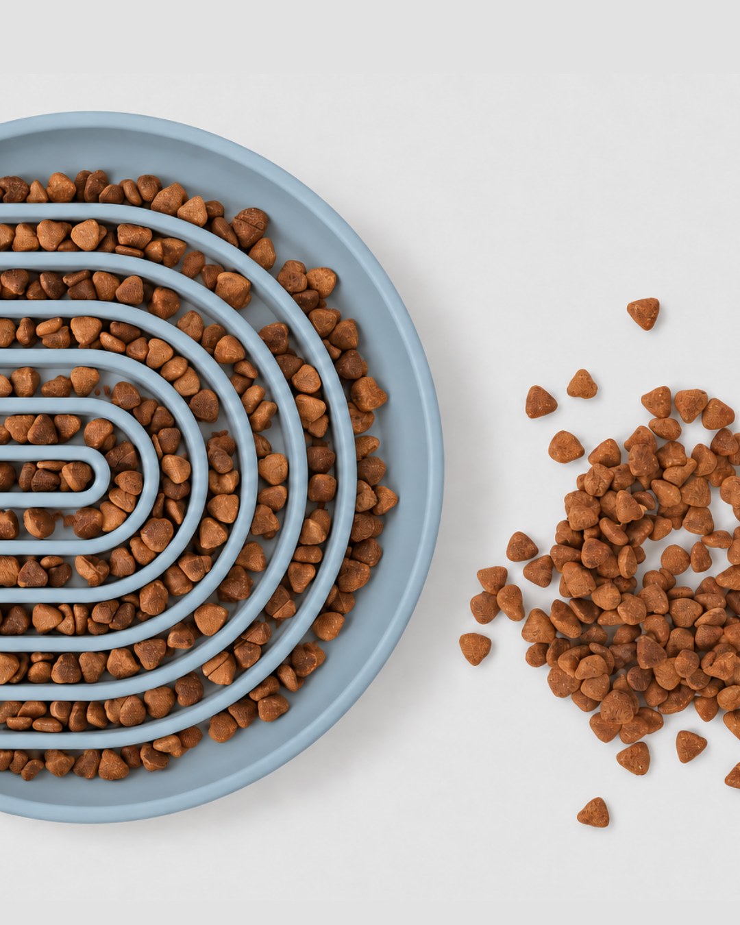 Misty blue slow feeder bowl filled with kibble